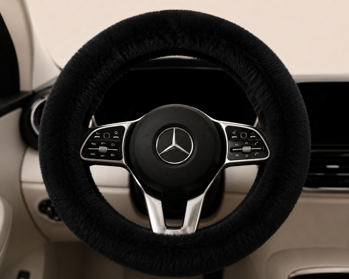 Midnight Black Plush Faux Fur Steering Wheel Cover